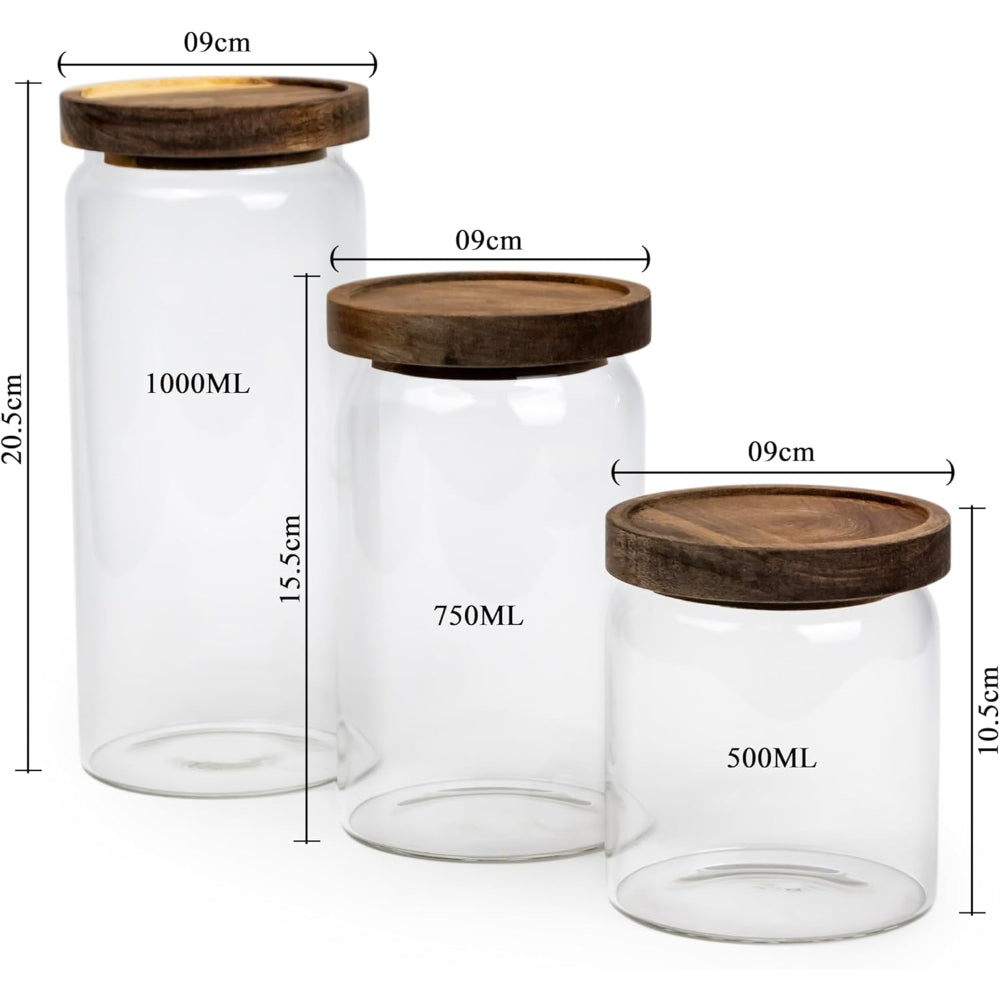 Cuisine Art Round Glass Storage Jars with Acacia Wood Lids -Set of 3 Transparent Borosilicate Airtight Glass Container, Stackable for Storing Kitchen Food, Grains, Coffee Beans, Tea 500+750+1000ml