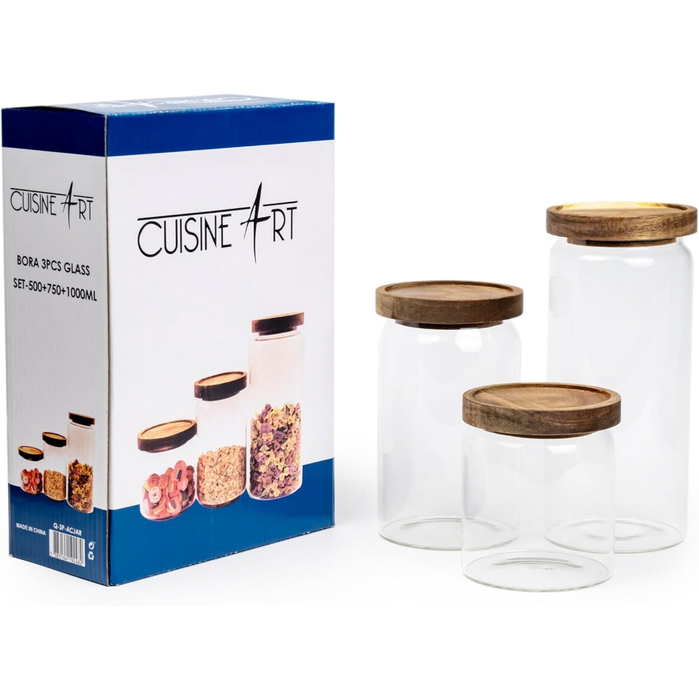 Cuisine Art Round Glass Storage Jars with Acacia Wood Lids -Set of 3 Transparent Borosilicate Airtight Glass Container, Stackable for Storing Kitchen Food, Grains, Coffee Beans, Tea 500+750+1000ml