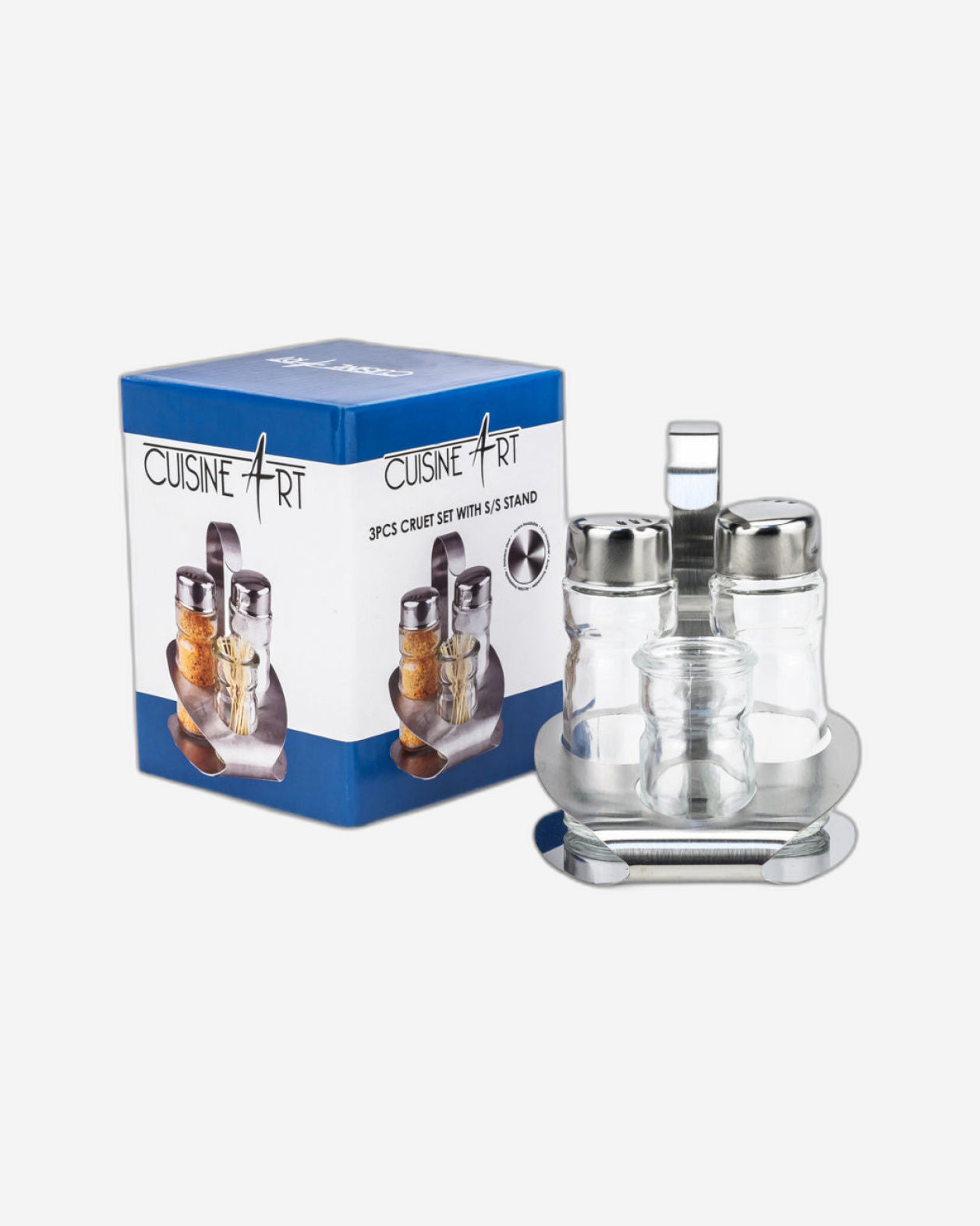 Cuisine Art Soda Lime Glass Cruet Set with Stand, 3 Pieces, Transparent
