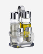 Cuisine Art Soda Lime Glass Cruet Set with Stainless Steel Stand, 4 Pieces, Transparent