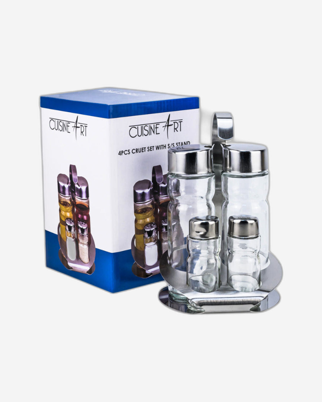 Cuisine Art Soda Lime Glass Cruet Set with Stainless Steel Stand, 4 Pieces, Transparent