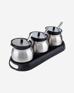 Cuisine Art Set of 3 Glass Spice Jar with Stainless Steel Shell and Spoon in Black Plastic Stand