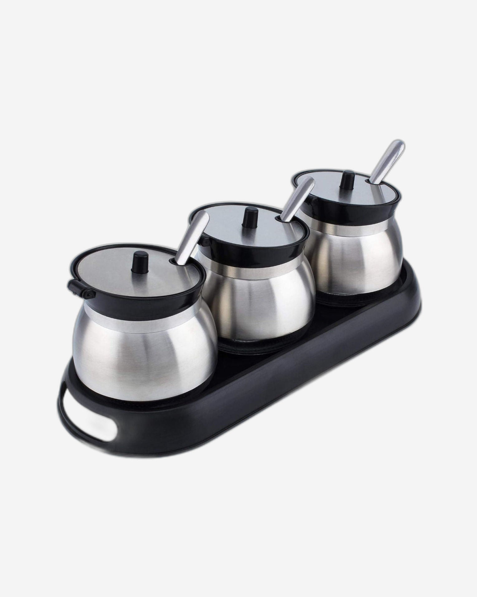 Cuisine Art Set of 3 Glass Spice Jar with Stainless Steel Shell and Spoon in Black Plastic Stand