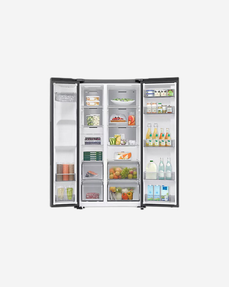 Samsung Bespoke AI 635L Side-by-Side Refrigerator, Black Finish, Water Dispenser, SpaceMax Design – RS70F64K1TAE (Milano Water Purifier Free)