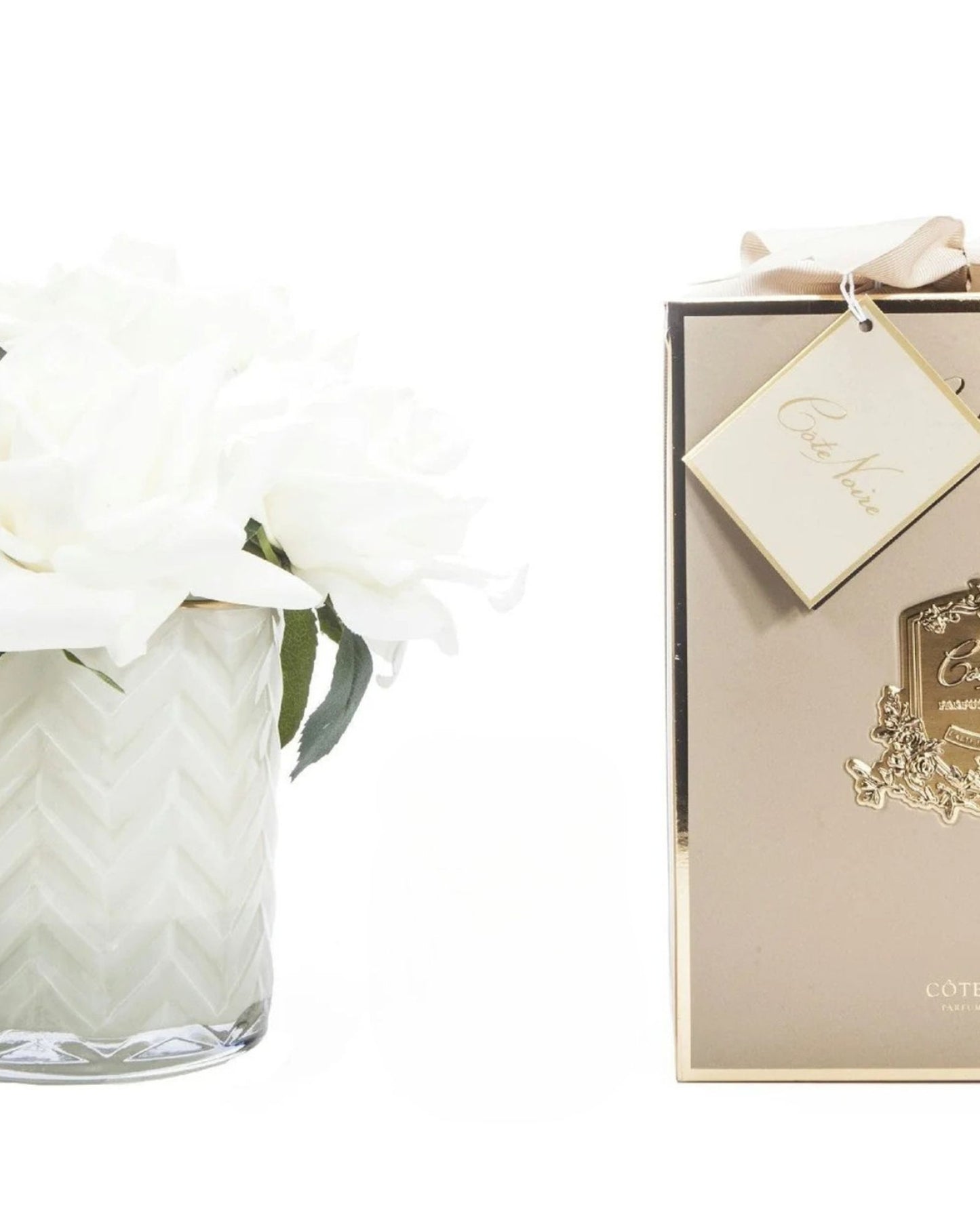 "Rose Buds Herringbone Bouquet" in Glass Vase with Artificial Silk Flowers