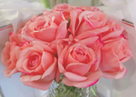 "Rose Buds Herringbone Bouquet" in Glass Vase with Artificial Silk Flowers