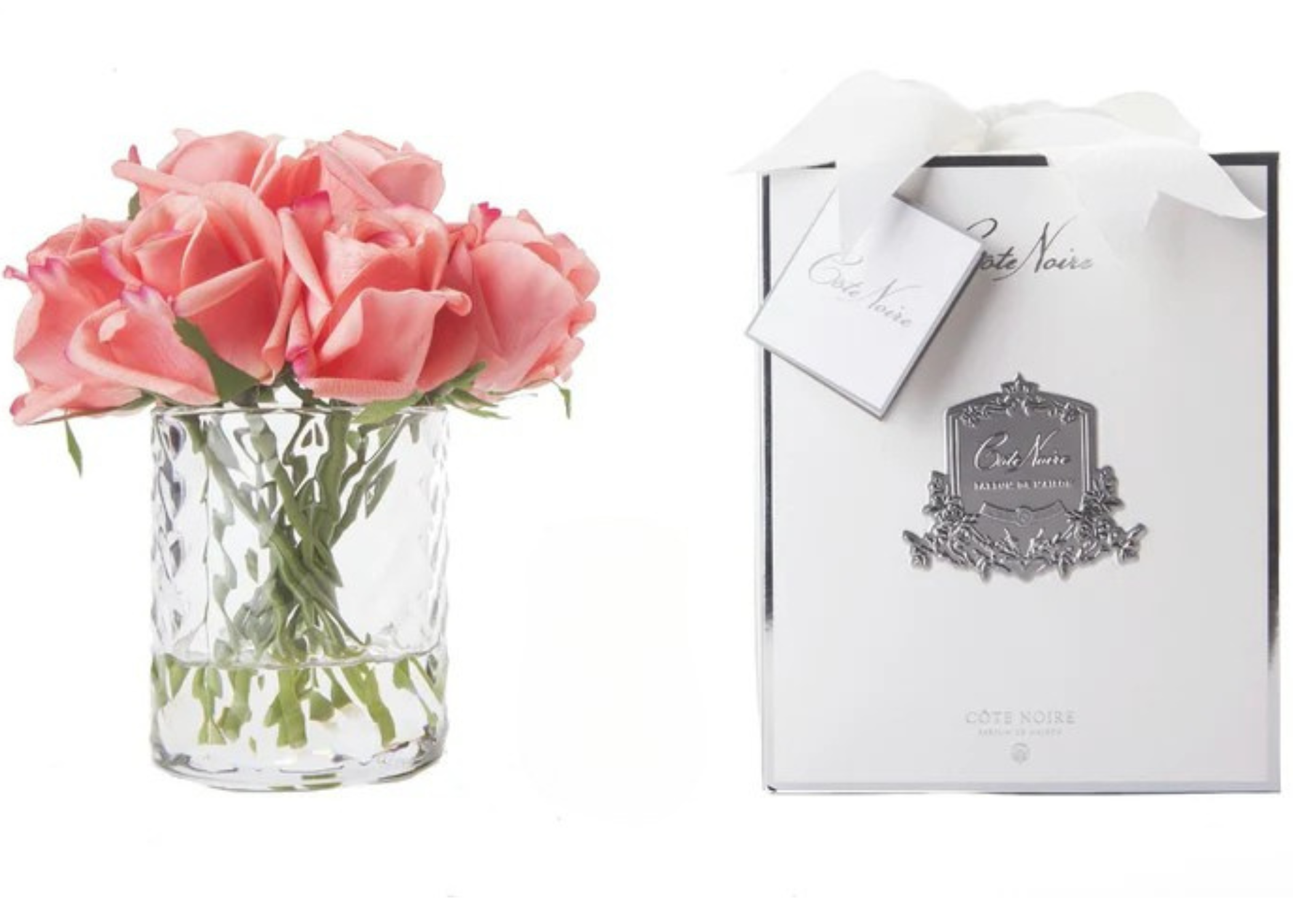 "Rose Buds Herringbone Bouquet" in Glass Vase with Artificial Silk Flowers