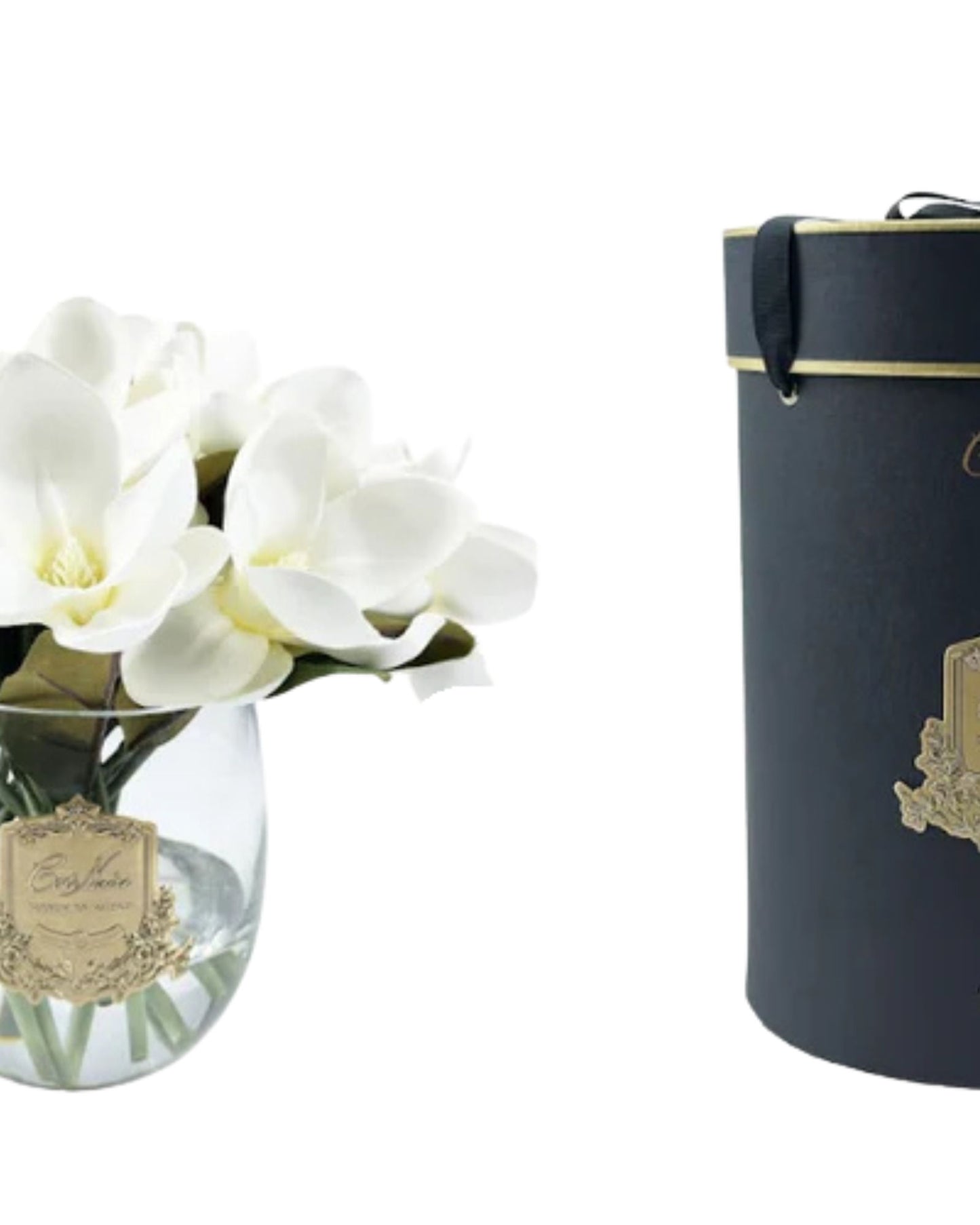 "Round Magnolia Bouquet" in Glass Vase with Artificial Silk Flowers