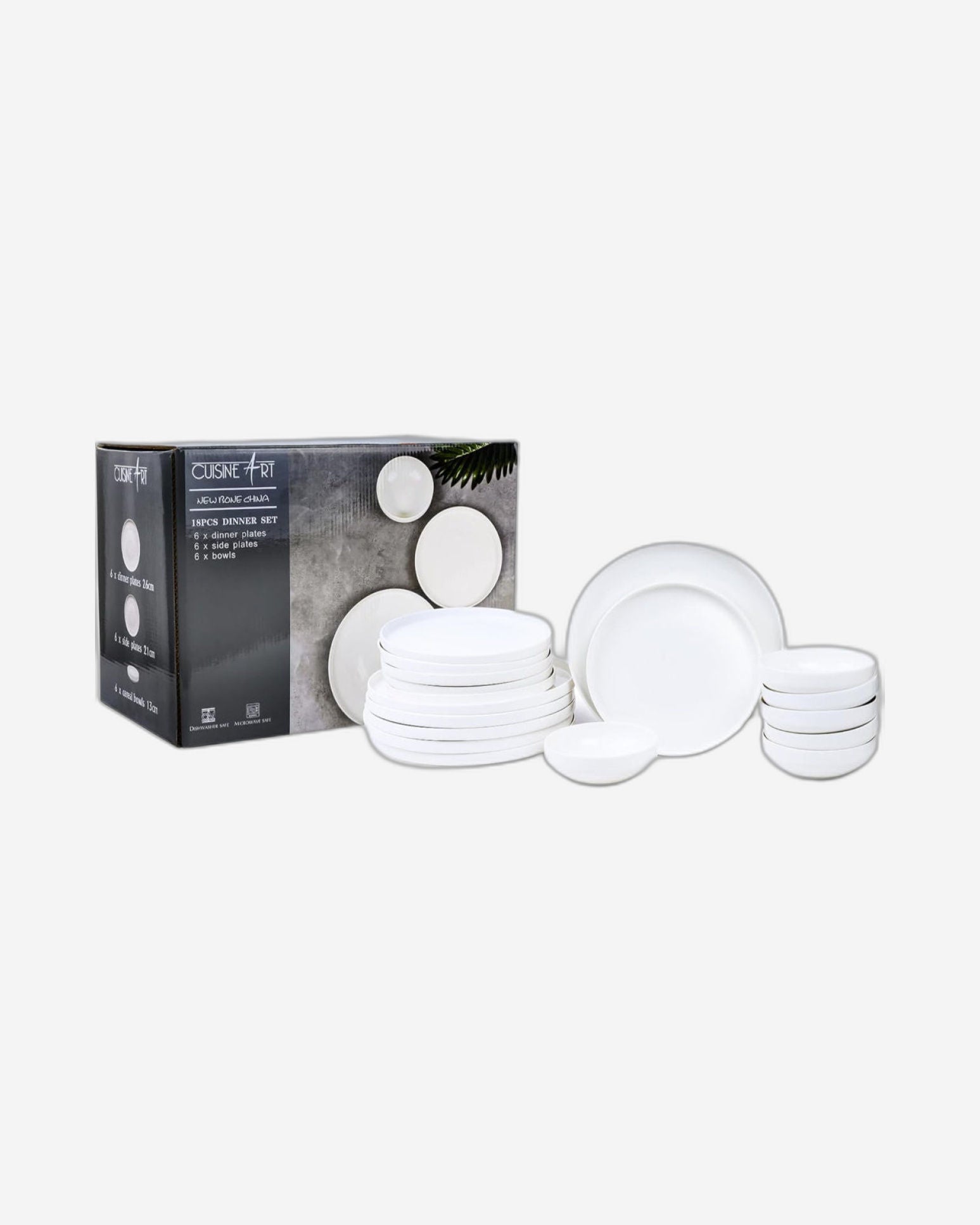 Cuisine Art Bella Bone China Dinner Set for Every Meals - 18 Pieces|6 Dinner Plates (Dia 26.4cm) 6 Side Plates, 6 Bowls (Dia 13.3xH4.7cm) White |Elegant Plates for Everyday Dining & Special Occasions