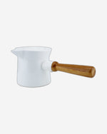 Shallow Ceramic White Coffee Warmer with Bamboo Handle - Stylish Beverage Warmer for Hot Drinks