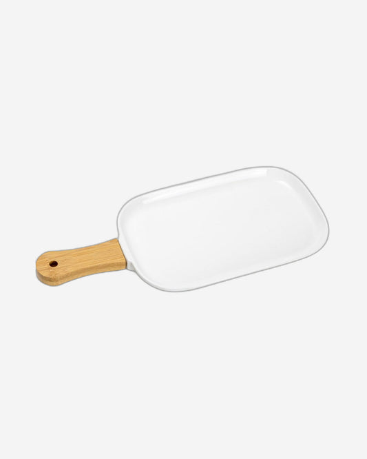 Shallow Porcelain Ceramic Plate with Bamboo Handle - Gourmet Serveware Tableware, 35x15x2.3cm, White - Brown