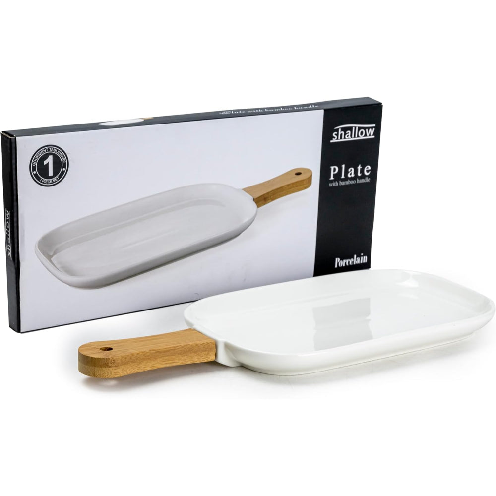 Shallow Porcelain Ceramic Plate with Bamboo Handle - Gourmet Serveware Tableware, 35x15x2.3cm, White - Brown