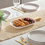 Shallow Porcelain Ceramic Plate with Bamboo Handle - Gourmet Serveware Tableware, 35x15x2.3cm, White - Brown