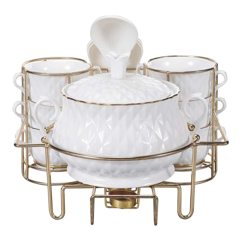 Shallow 15-Piece Porcelain Soup Set with Gold Stand – Elegant Dinnerware for Serving