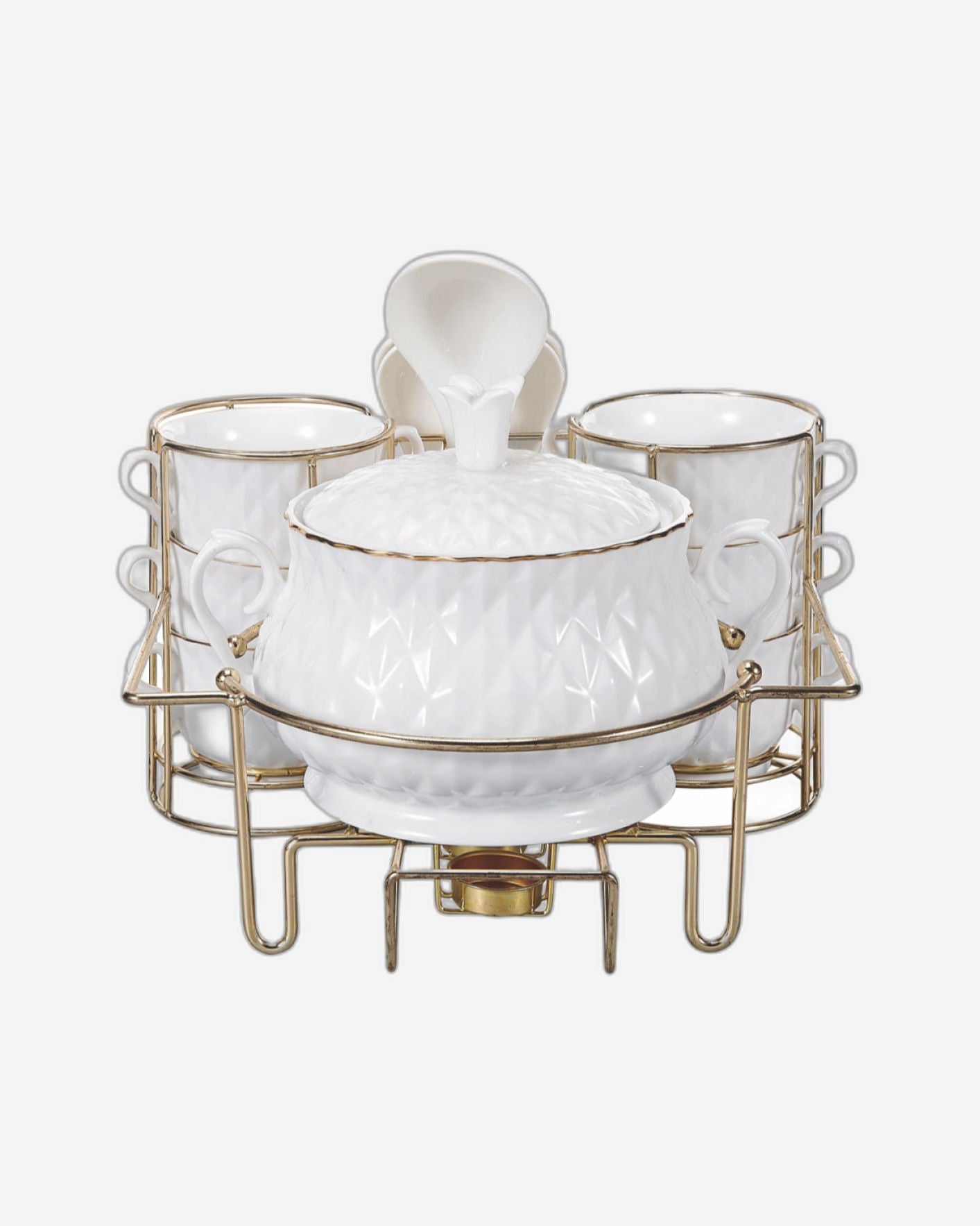 Shallow 15-Piece Porcelain Soup Set with Gold Stand – Elegant Dinnerware for Serving