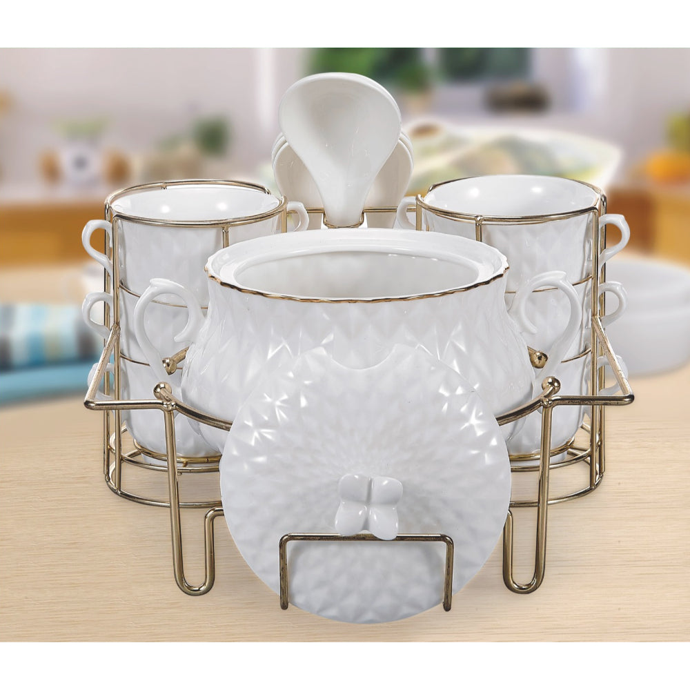 Shallow 15-Piece Porcelain Soup Set with Gold Stand – Elegant Dinnerware for Serving