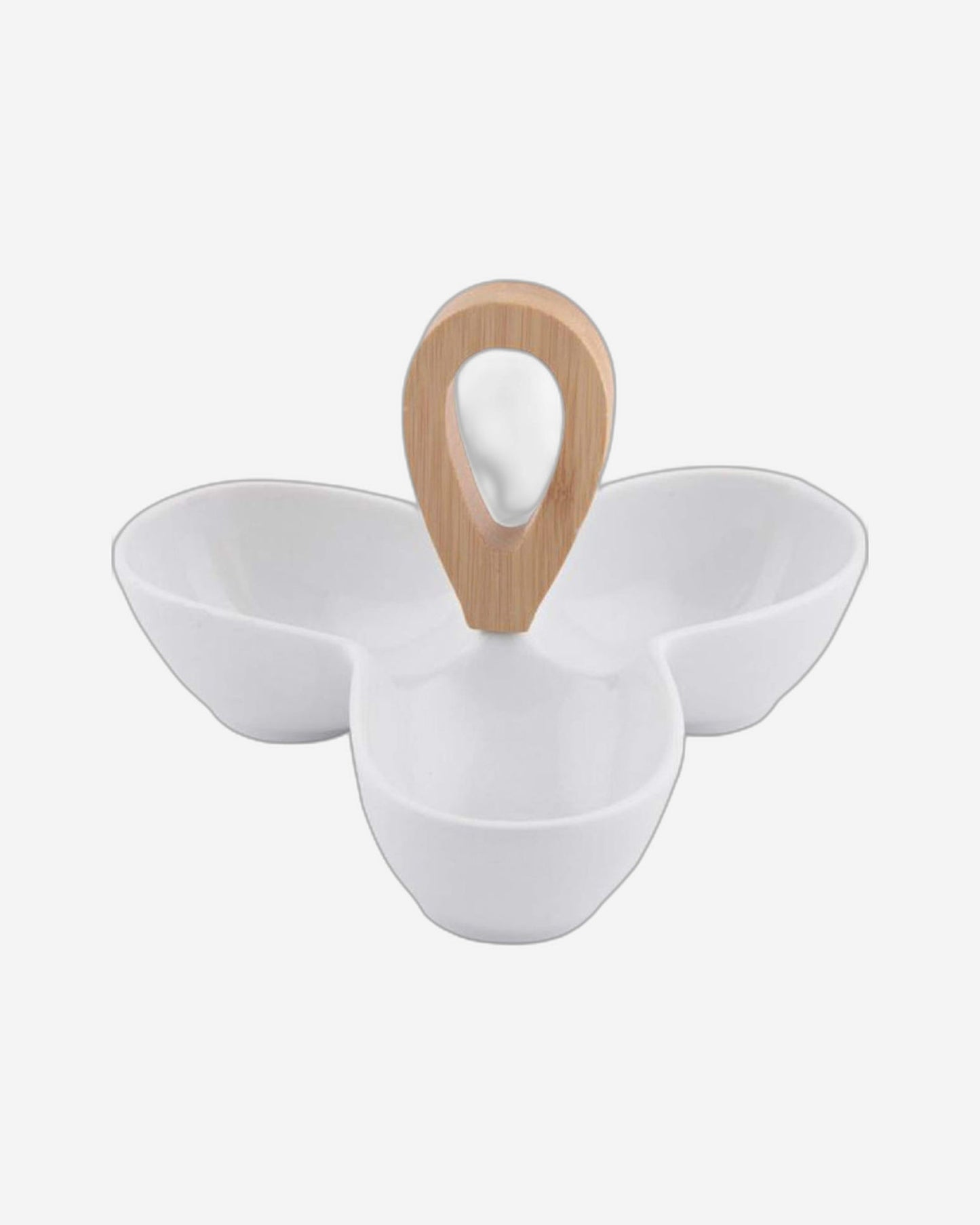 Shallow Ceramic White Serveware – 3-Section Plate with Bamboo Handle