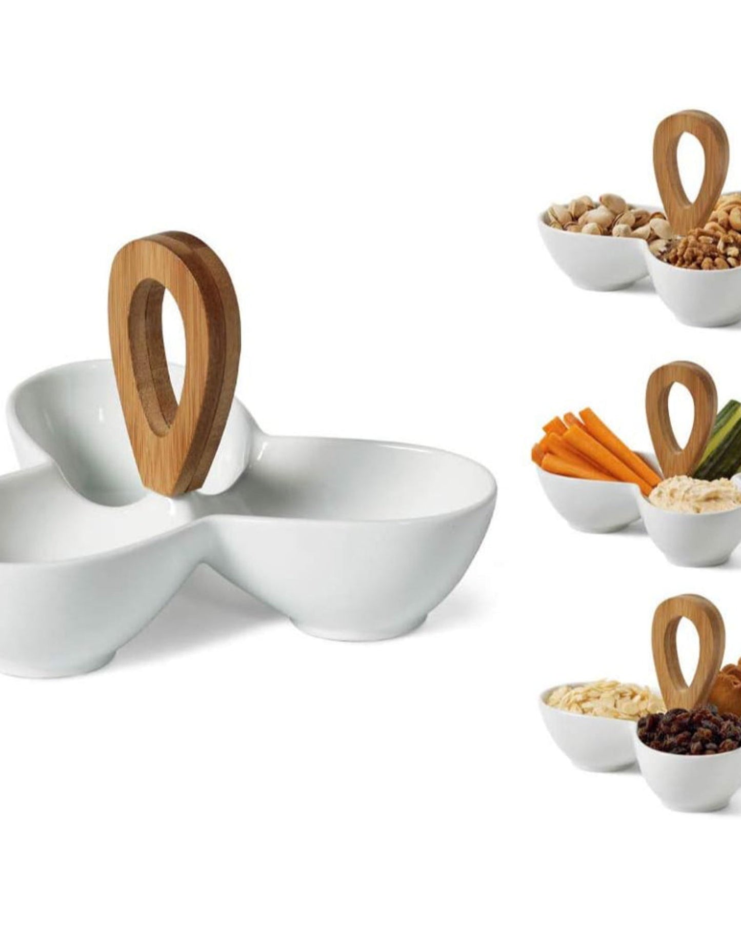 Shallow Ceramic White Serveware – 3-Section Plate with Bamboo Handle