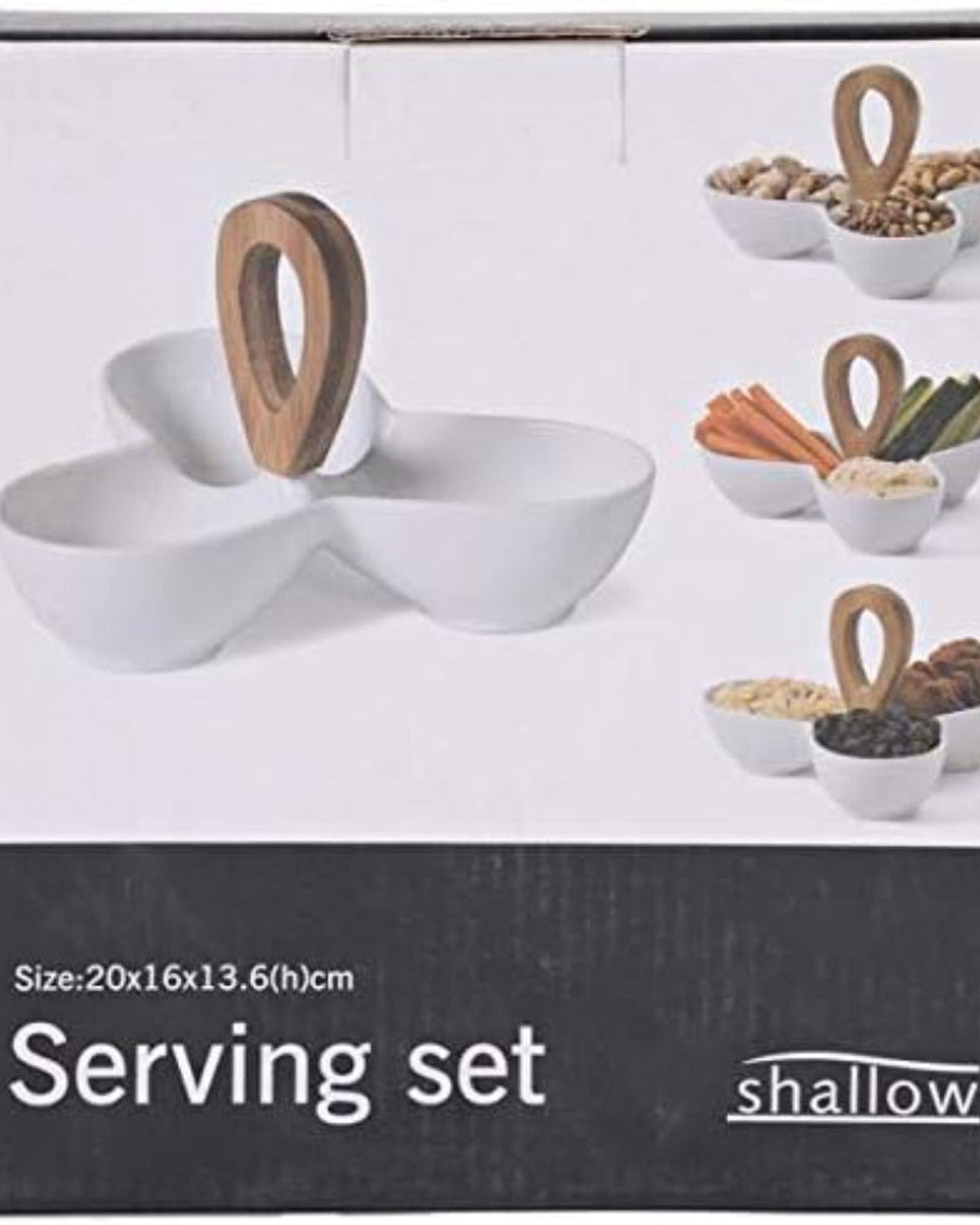 Shallow Ceramic White Serveware – 3-Section Plate with Bamboo Handle