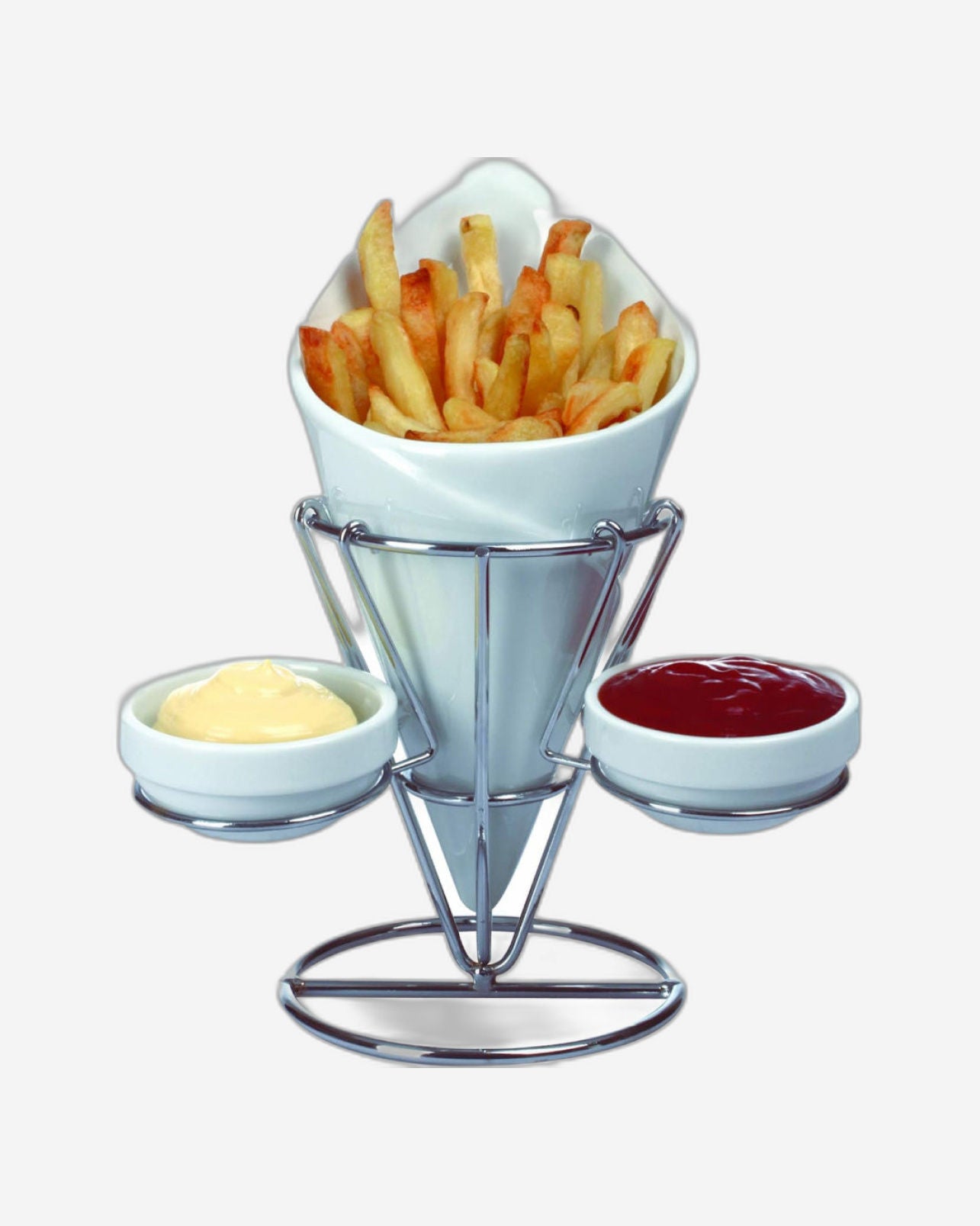 Shallow Porcelain French Fries Holder with 2 Dip Dishes – Elegant Serving Set