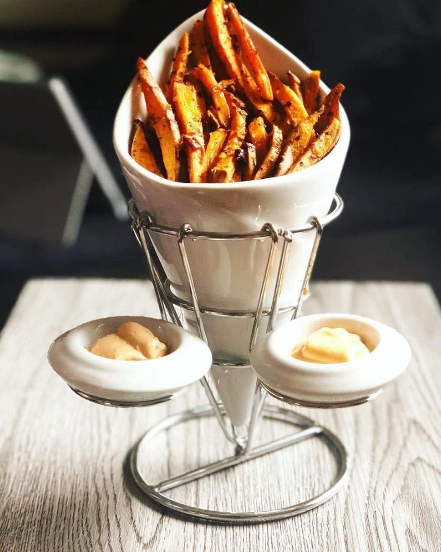 Shallow Porcelain French Fries Holder with 2 Dip Dishes – Elegant Serving Set