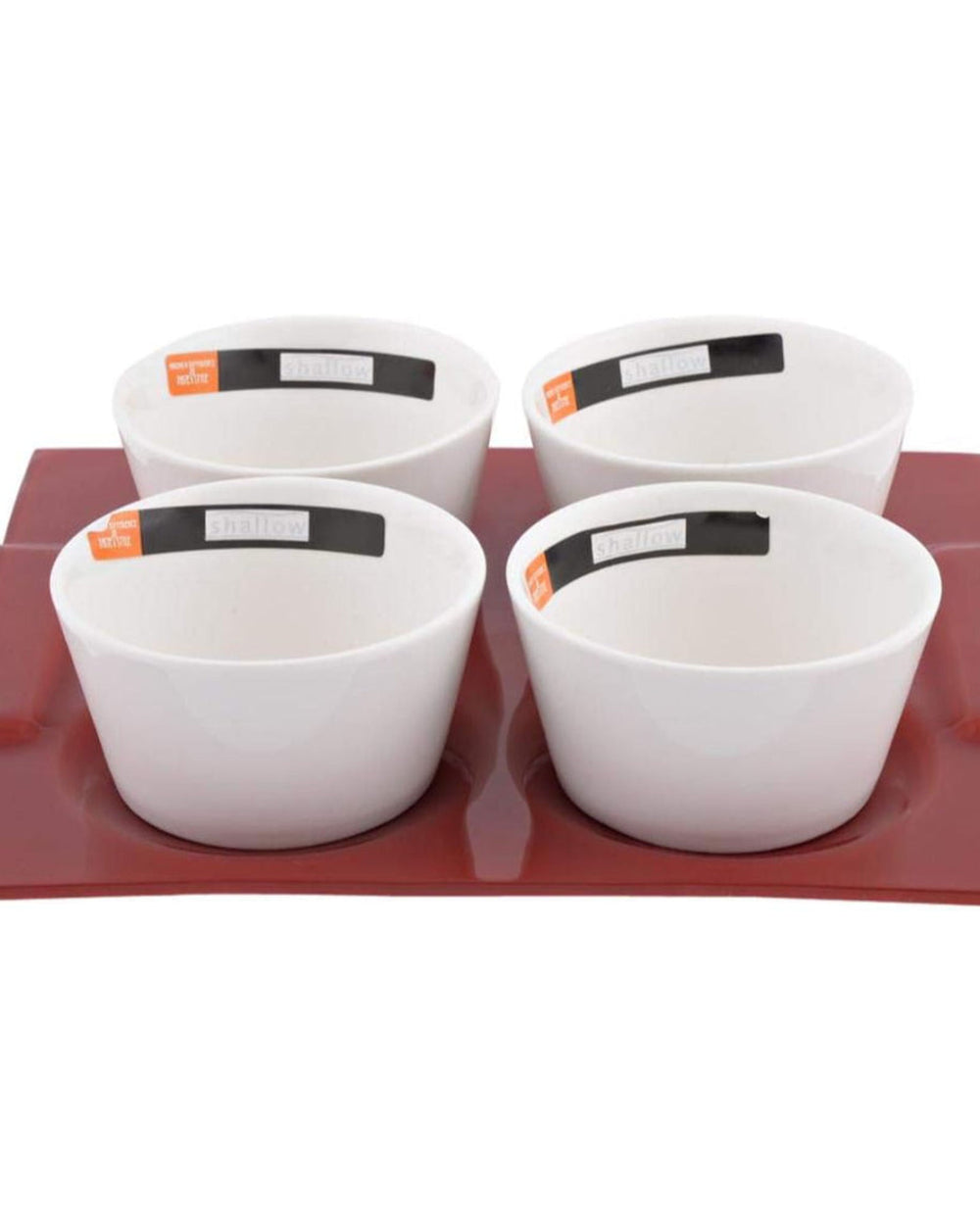 Shallow Porcelain 5-Piece Serving Set, White and Red – Elegant Tableware with 4 Cups and Red Tray
