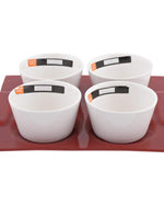 Shallow Porcelain 5-Piece Serving Set, White and Red – Elegant Tableware with 4 Cups and Red Tray
