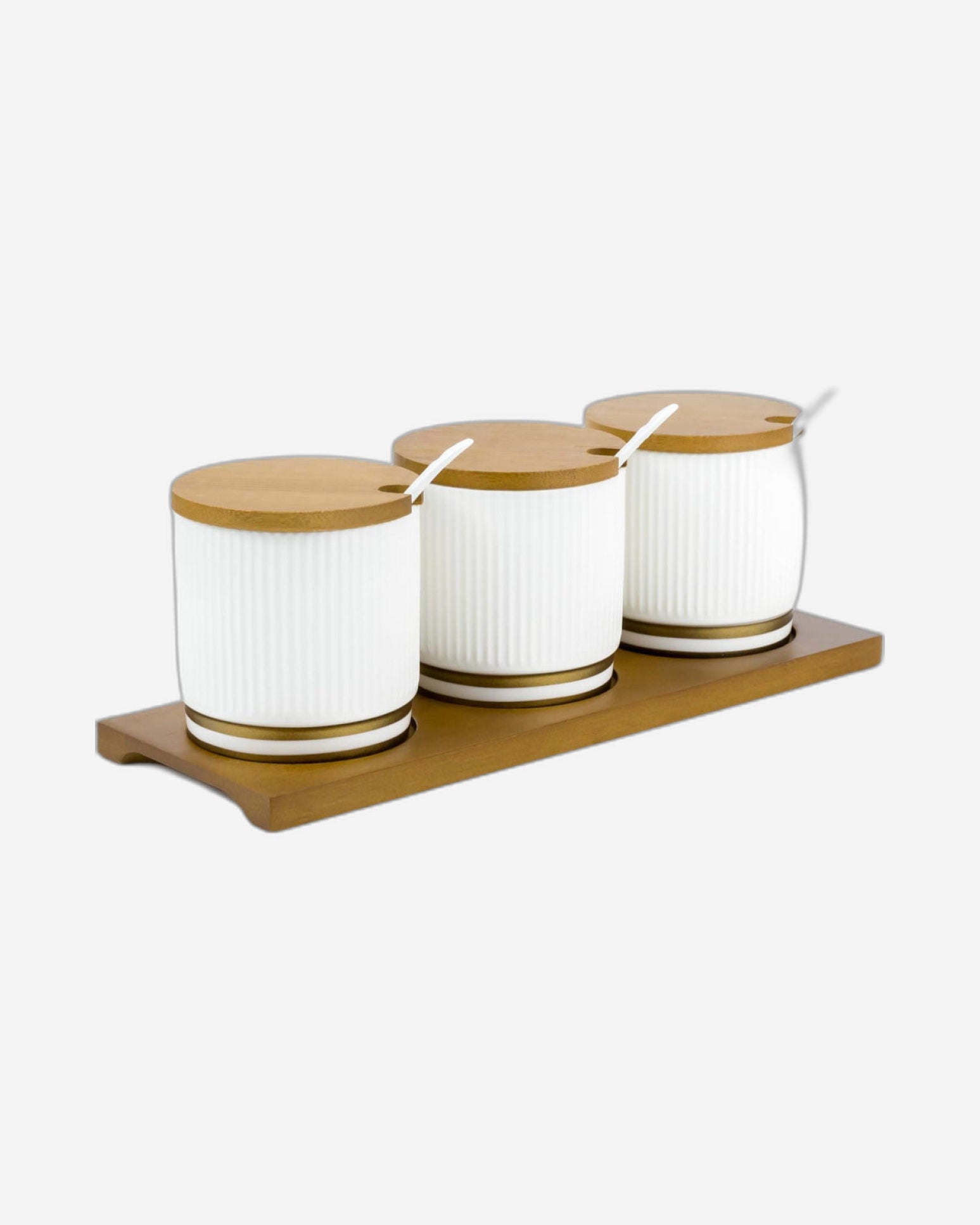  Shallow Porcelain New Verde 3-Compartment Condiment Set with Bamboo Tray - Elegant Tabletop Delight