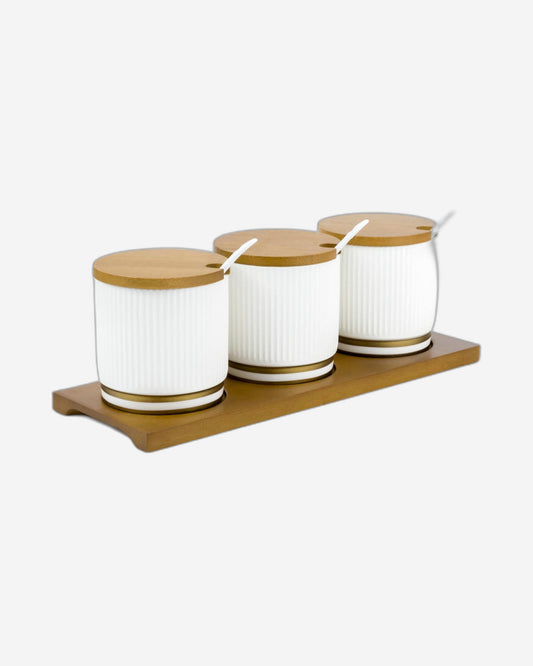 Shallow Porcelain New Verde 3-Compartment Condiment Set with Bamboo Tray - Elegant Tabletop Delight