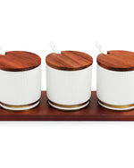 Shallow Porcelain New Verde 3-Compartment Condiment Set with Bamboo Tray - Elegant Tabletop Delight