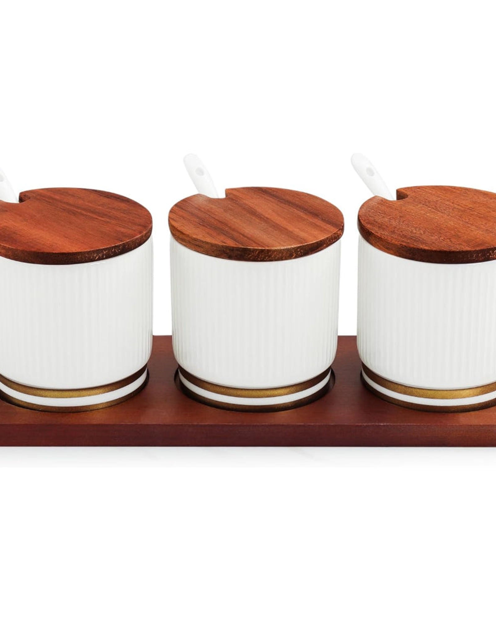 Shallow Porcelain New Verde 3-Compartment Condiment Set with Bamboo Tray - Elegant Tabletop Delight