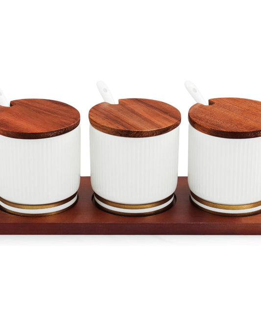 Shallow Porcelain New Verde 3-Compartment Condiment Set with Bamboo Tray - Elegant Tabletop Delight