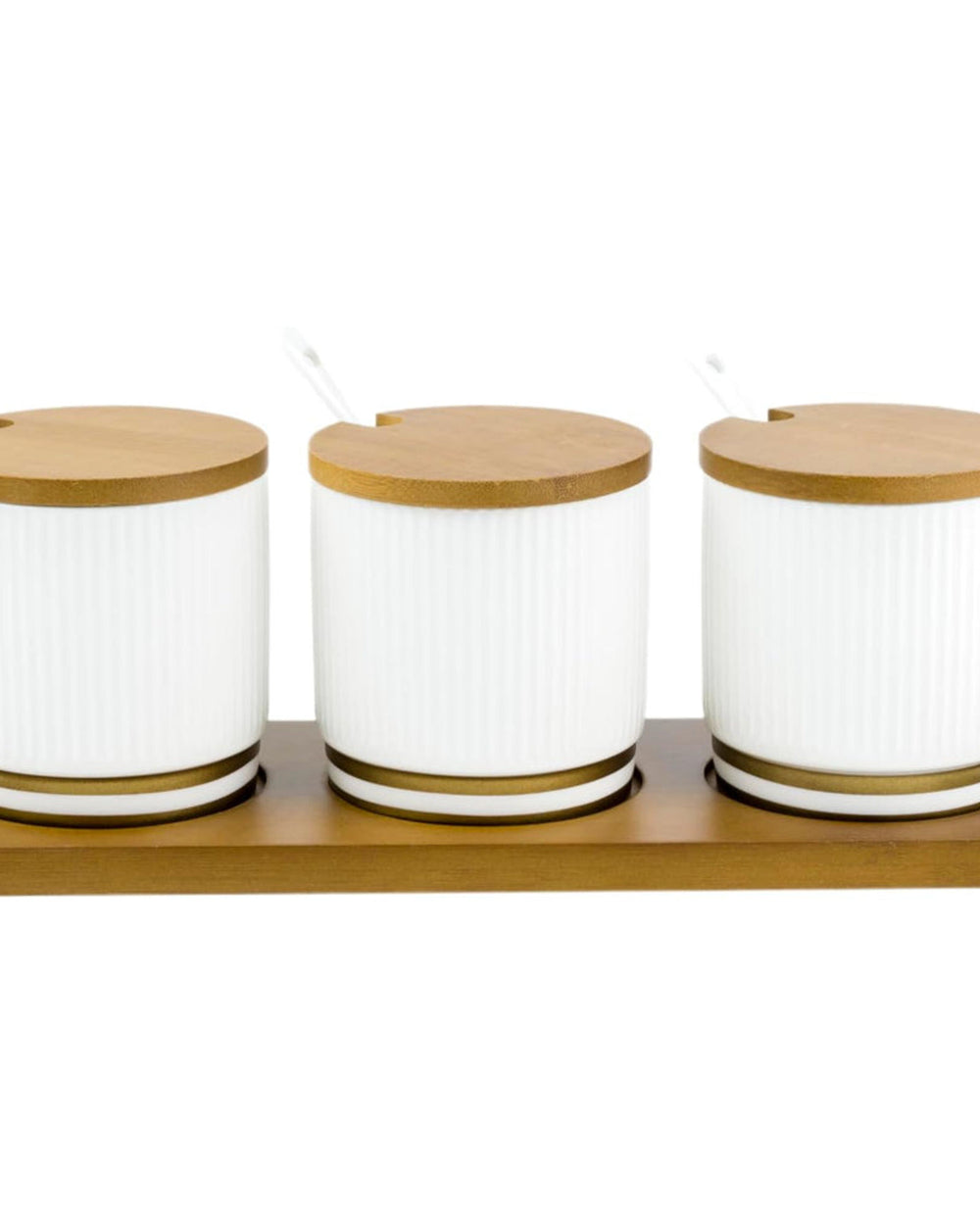 Shallow Porcelain New Verde 3-Compartment Condiment Set with Bamboo Tray - Elegant Tabletop Delight