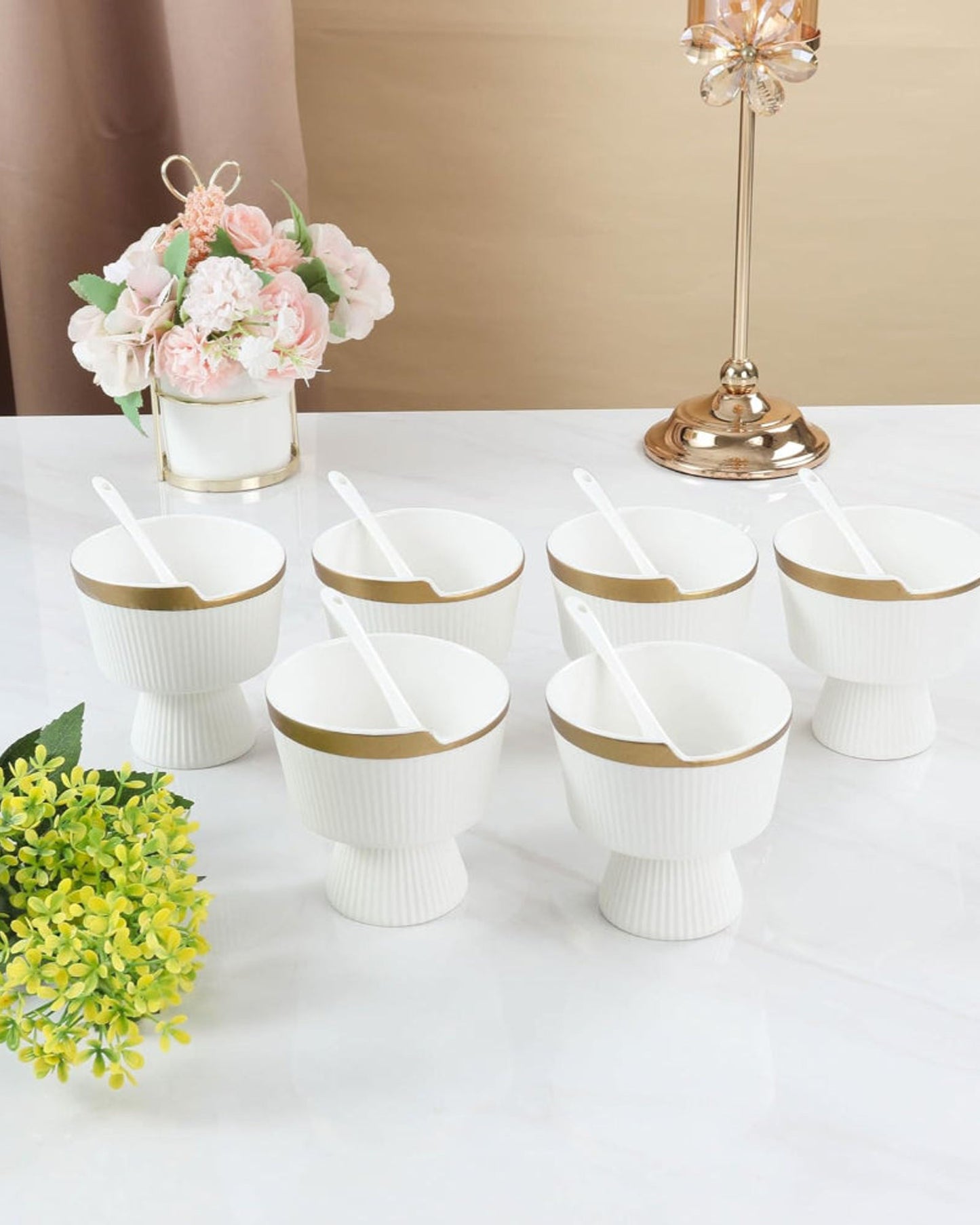 Shallow Porcelain New Verde Set Of 6 - Ice Cream Bowls with Spoons (230ml) - Elegant Dessert Indulgence
