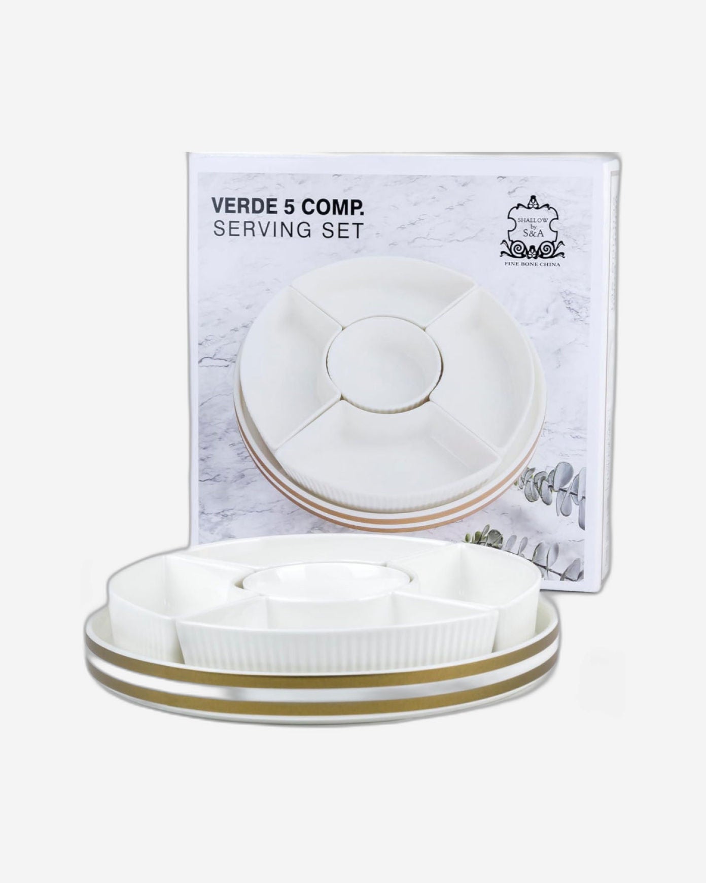 Shallow Porcelain New Verde 5-Compartment Serving Set - 26cm - Elegant Tableware for Culinary Delights