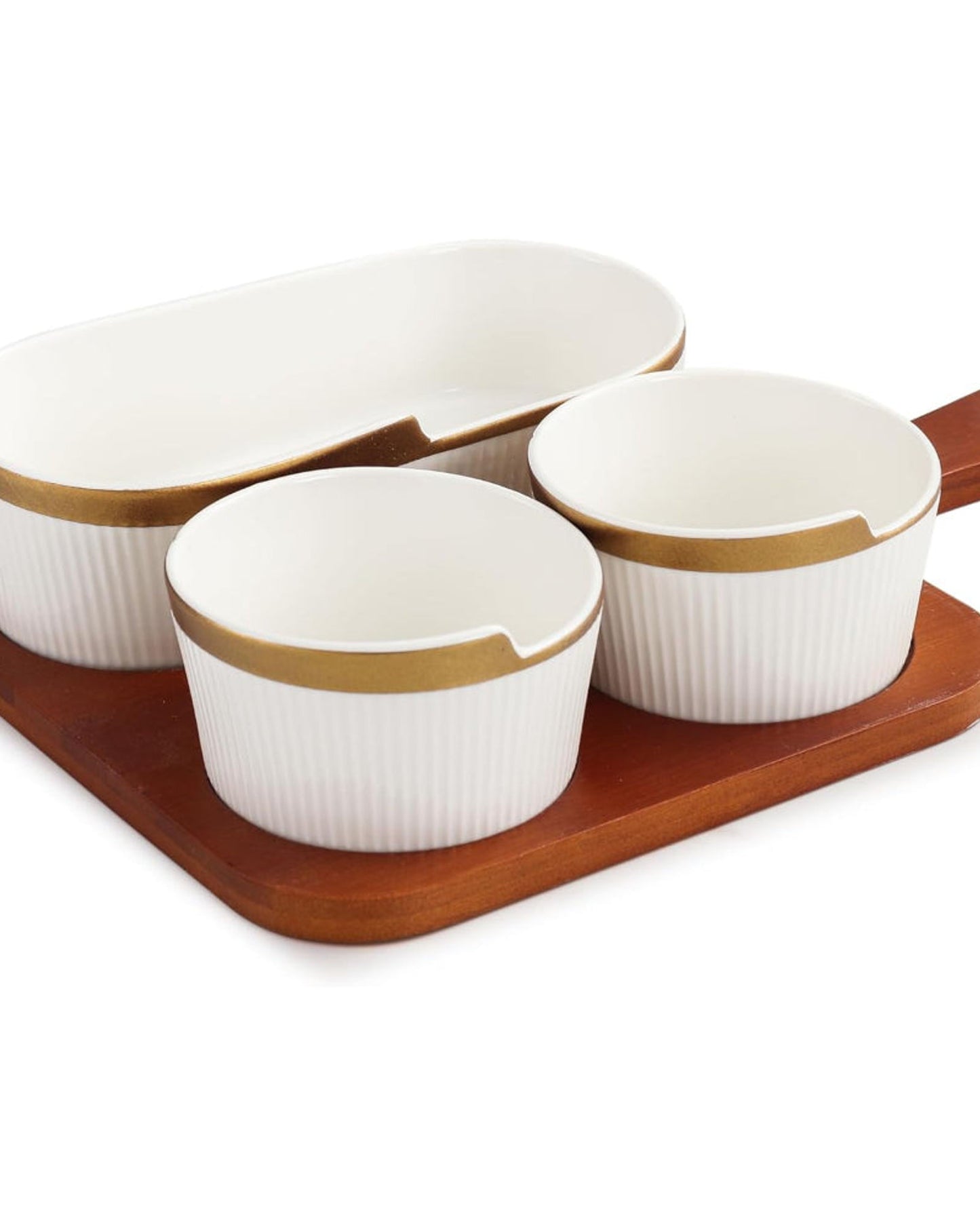 Shallow Porcelain New Verde 3-Compartment Serving Set with Bamboo Tray - Elegant Culinary Presentation