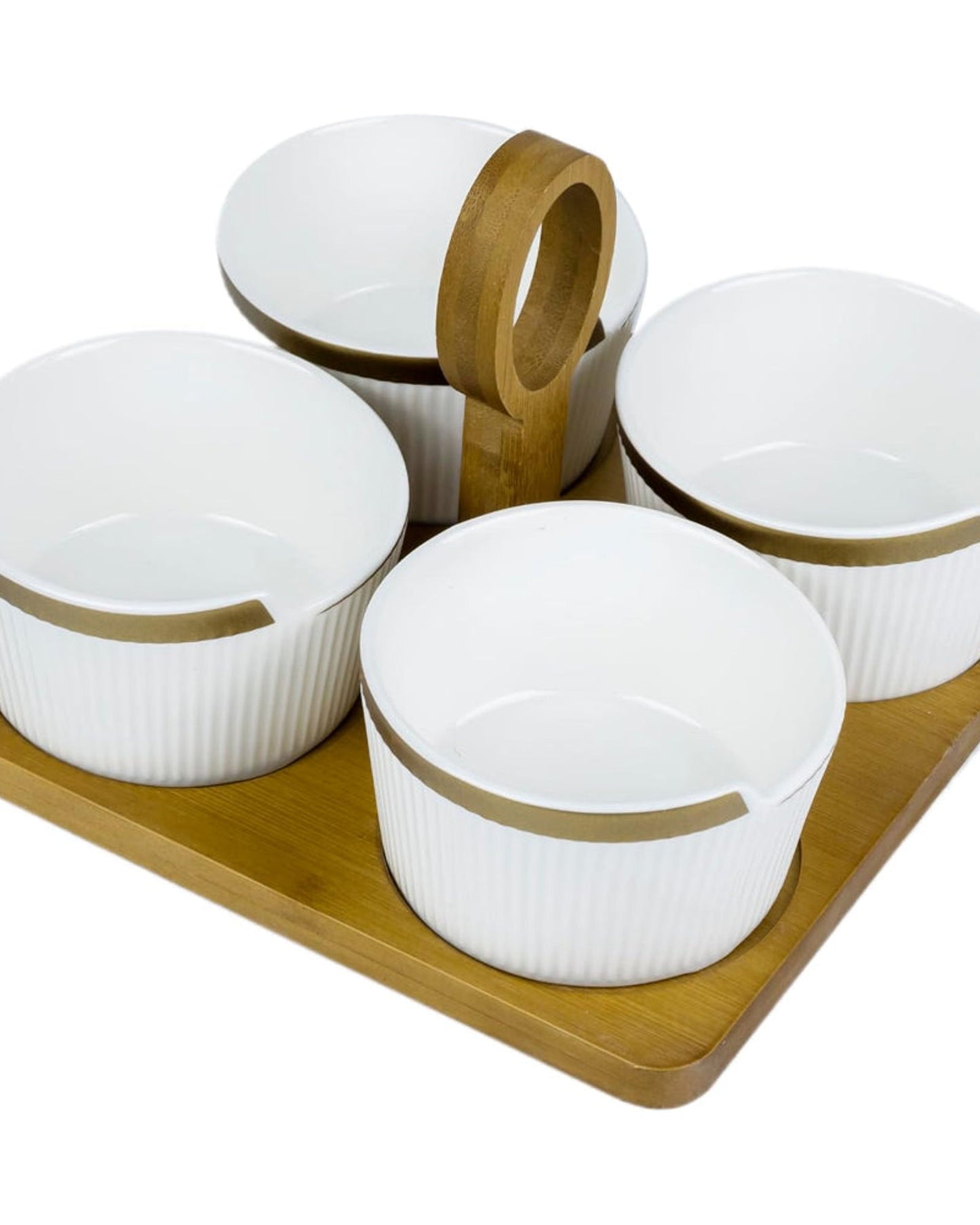 Shallow Porcelain New Verde 4-Compartment Serving Set with Bamboo Tray - Elegant Culinary Presentation