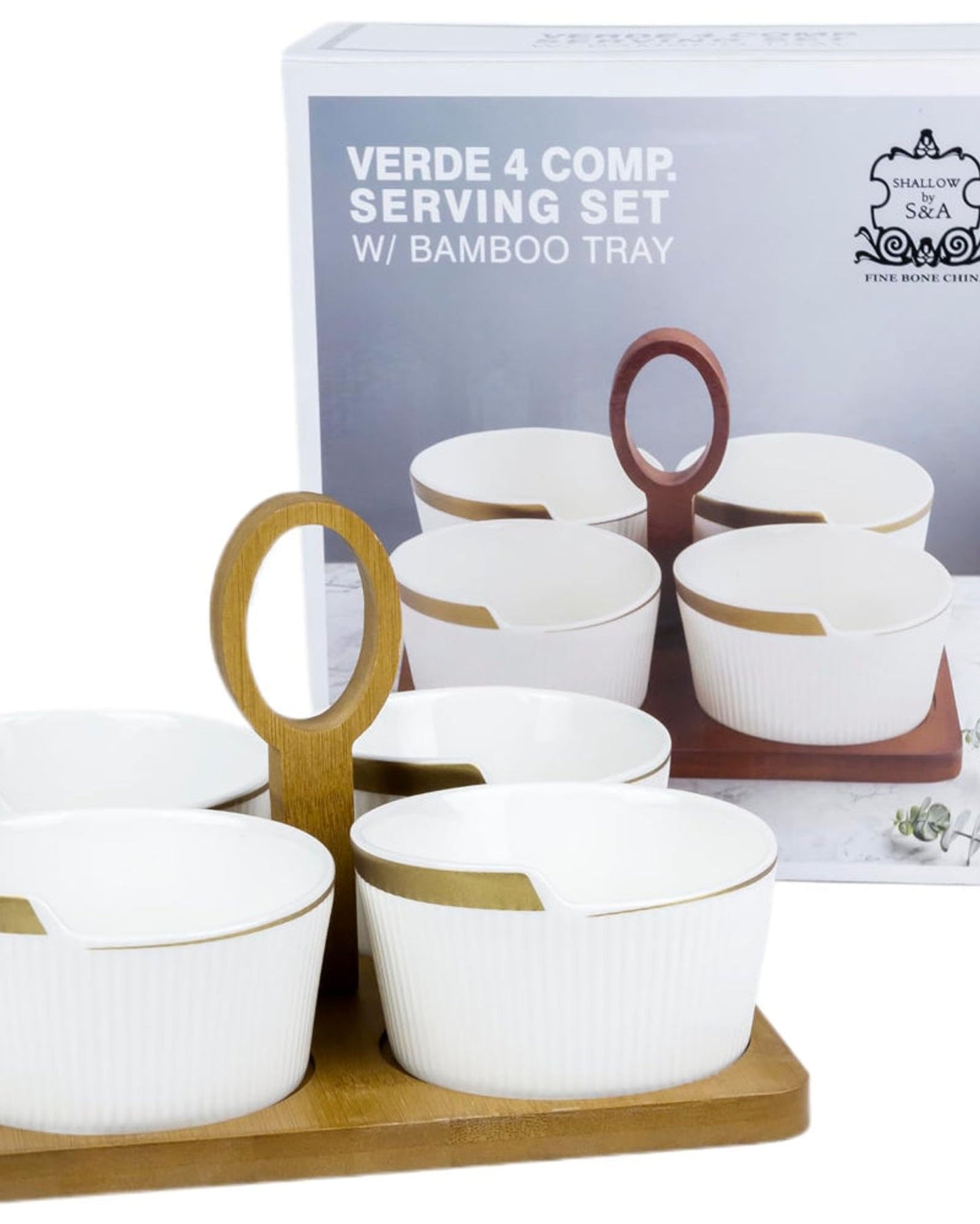 Shallow Porcelain New Verde 4-Compartment Serving Set with Bamboo Tray - Elegant Culinary Presentation
