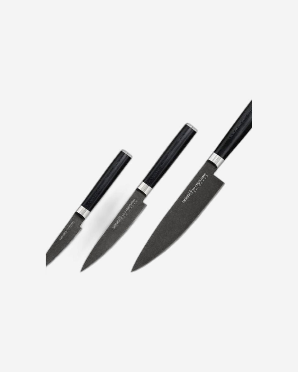 Samura MO V Stonewash Set of 3 kitchen  knives in a gift box: Stonewash Paring knife, Stonewash Utility knife, Stonewash Chef's knife  SM 0220B