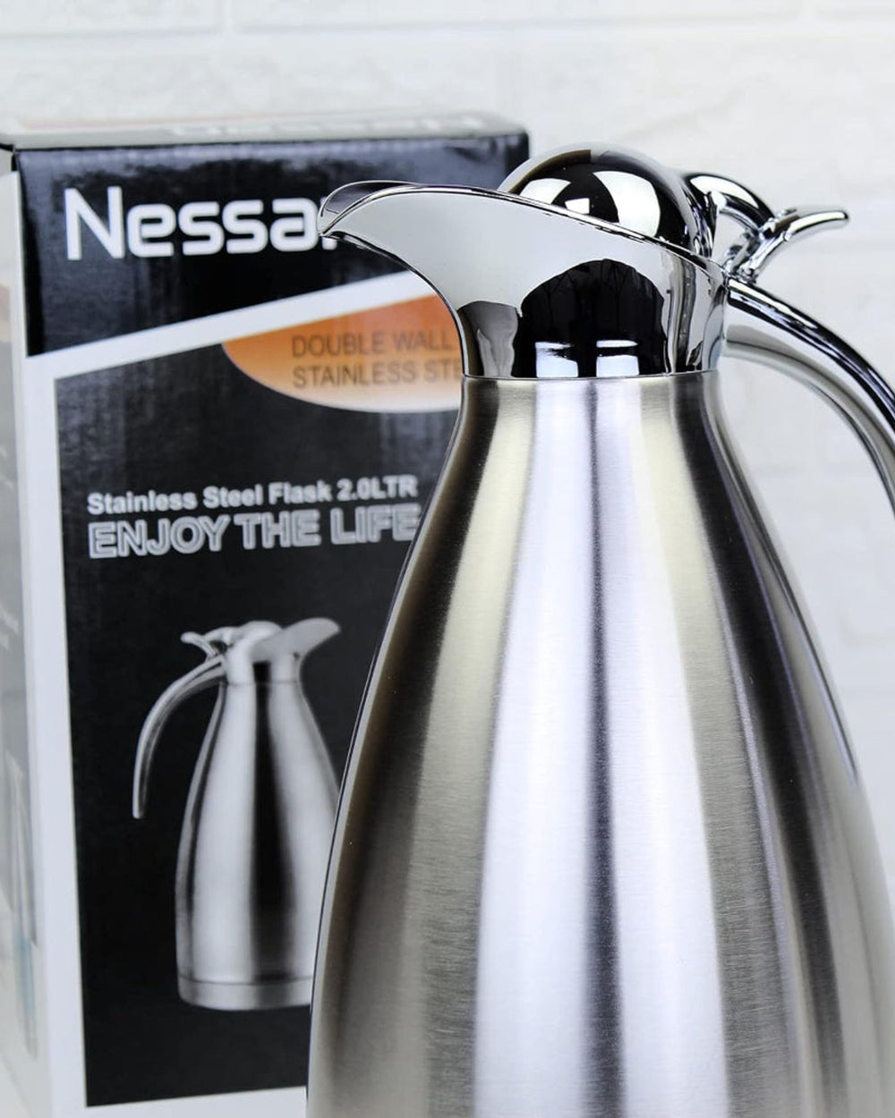 Nessan Thermal Coffee Carafe Jugs, Double Walled Vacuum Insulated Flask 12 Hours Heat Retention Jug for Coffee, Tea, & Milk - Stainless Steel Silver 2.0L