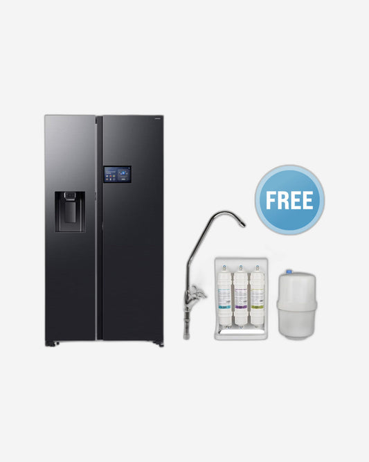 Samsung Bespoke AI 615L Side-by-Side Refrigerator, 9" LCD AI Home Screen, Black Finish, Water Dispenser – RS90F64D1FAE (Milano Water Purifier Free)