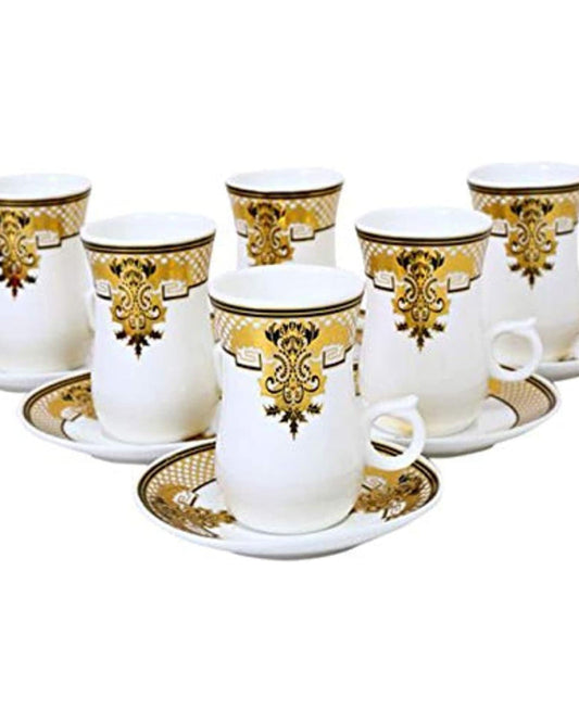 Shallow Bone China 12 Pcs Istikan Cups & Saucer Set, Elegant Porcelain Turkish Tea Cups for Coffee, Tea & Hot Beverages