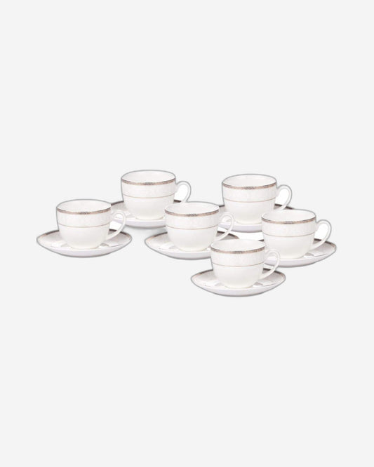 Shallow Bone China Cups and Saucers Set, White/Gold, 220ml, 12 Pieces, Elegant Porcelain Tea & Coffee Cups with Matching Saucers