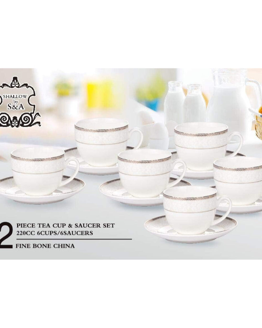 Shallow Bone China Cups and Saucers Set, White/Gold, 220ml, 12 Pieces, Elegant Porcelain Tea & Coffee Cups with Matching Saucers