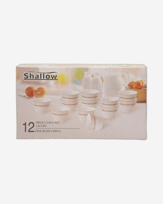 Shallow Bone China 12-Piece Cawa Set, White and Gold, Elegant Porcelain Cups & Saucers for Tea, Coffee & Hot Beverages