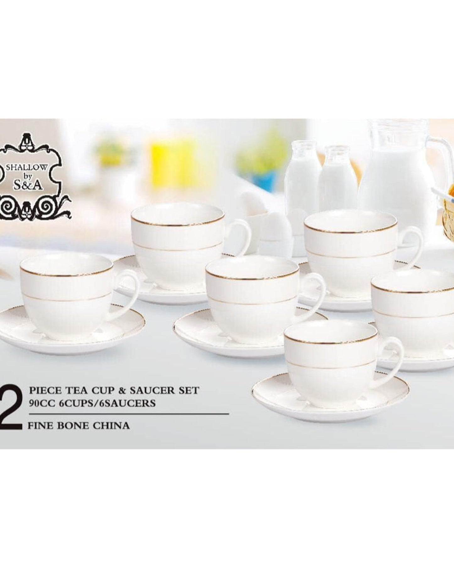 Shallow Cup & Saucer Set, Drinking Cup, White and Gold Bone China, Elegant Porcelain Tea & Coffee Set