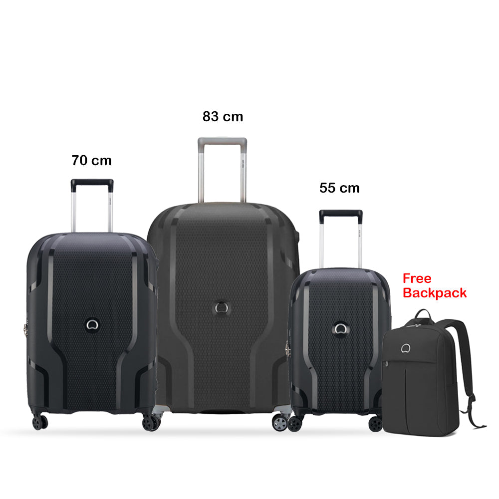 Delsey Clavel 3 Piece Luggage Set Black +  Free Delsey Agreable Backpack