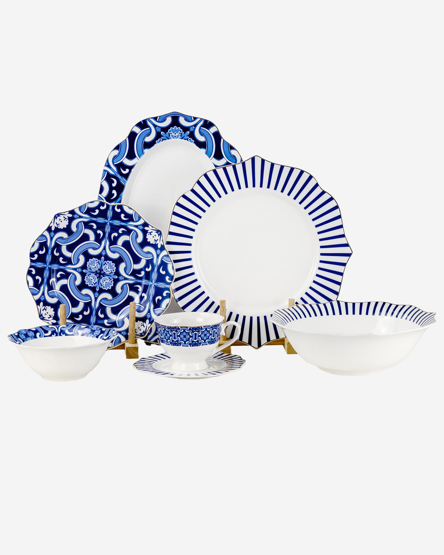 Shallow HEXTER Dinner Set 32 pcs White & Blue Pattern