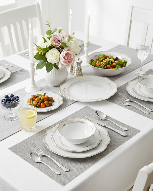 Shallow ZENA Dinner Set 32 pcs White with Gold Border
