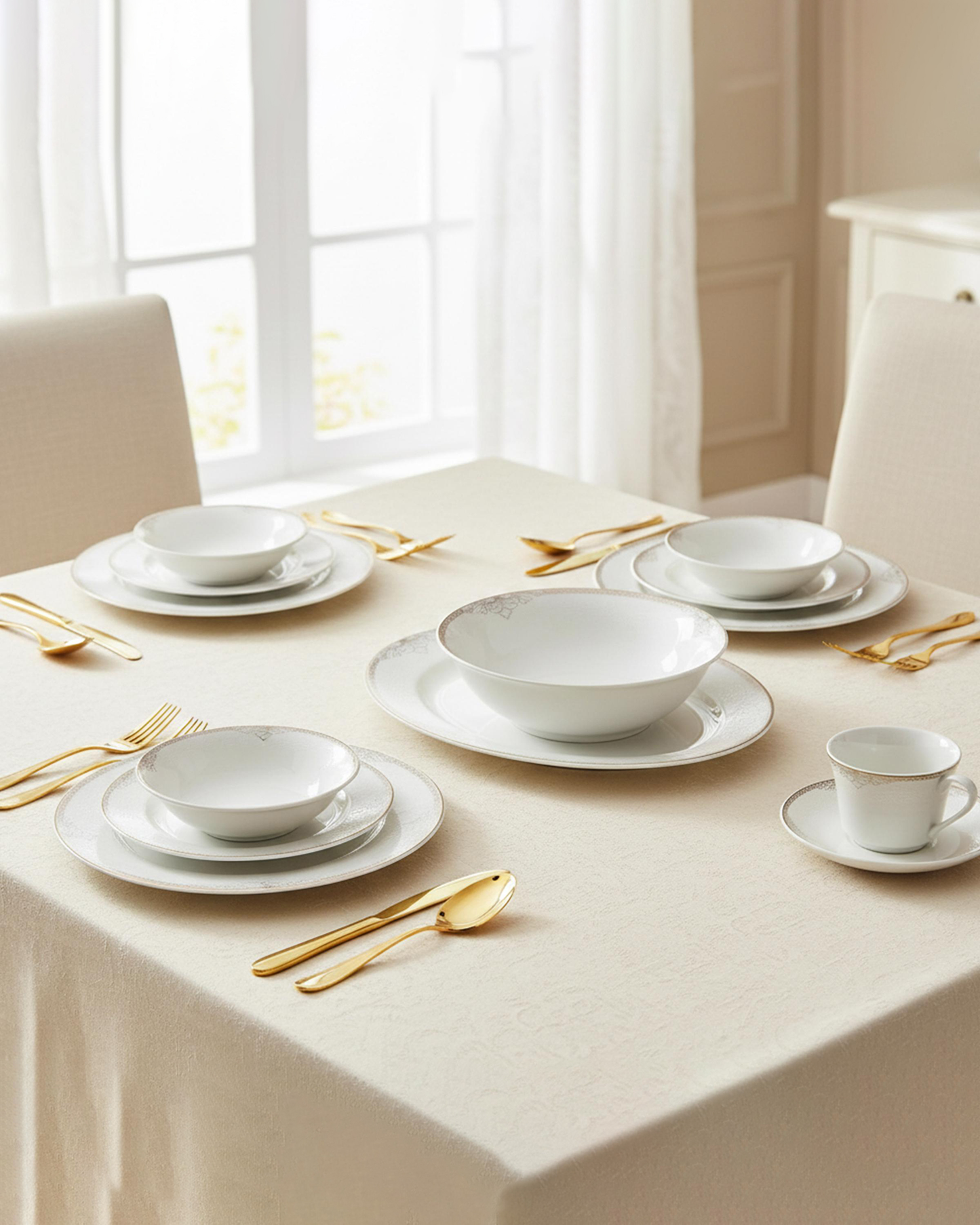 Shallow ASMA Dinner Set 32 pcs White with Elegant Gold Rim